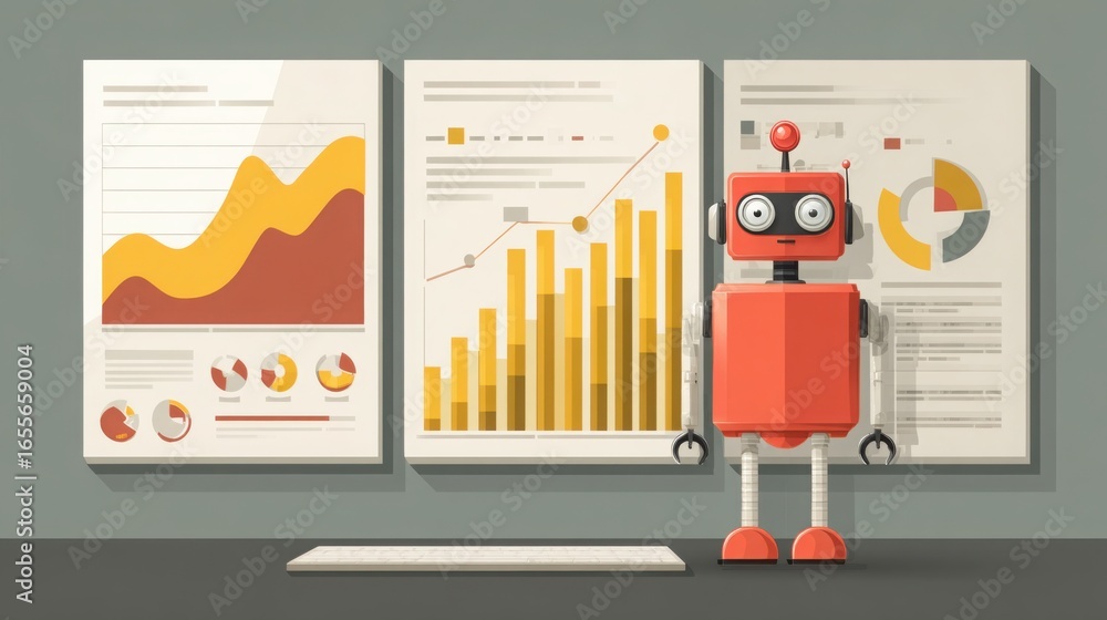 Aufkleber business kpi bot icon showing a robot standing confidently in front of a chart analyzing operational