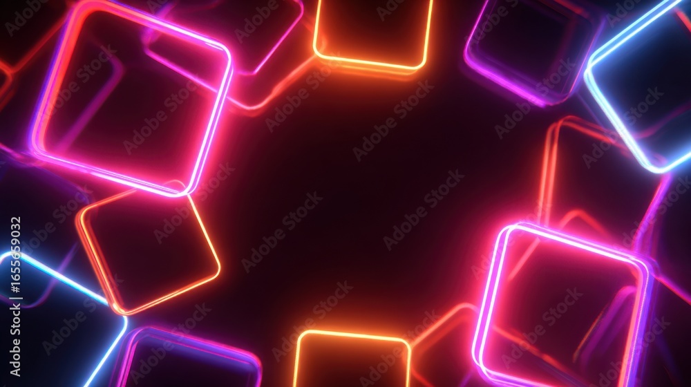 Poster bright neon squares in various colors float and pulse against a dark backdrop, creating an energetic