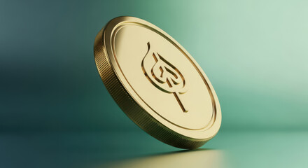 A close up of a gold coin with a stylized flame symbol on a gradient background