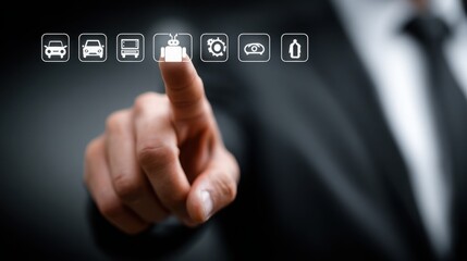 Professional man in a suit pressing a button with his finger symbolizing business mission alignment and project management