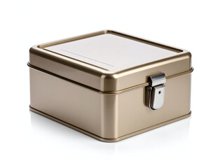 A closed retro-style golden metal tin box with a clasp lock for storage, isolated on a clean white background with reflection.