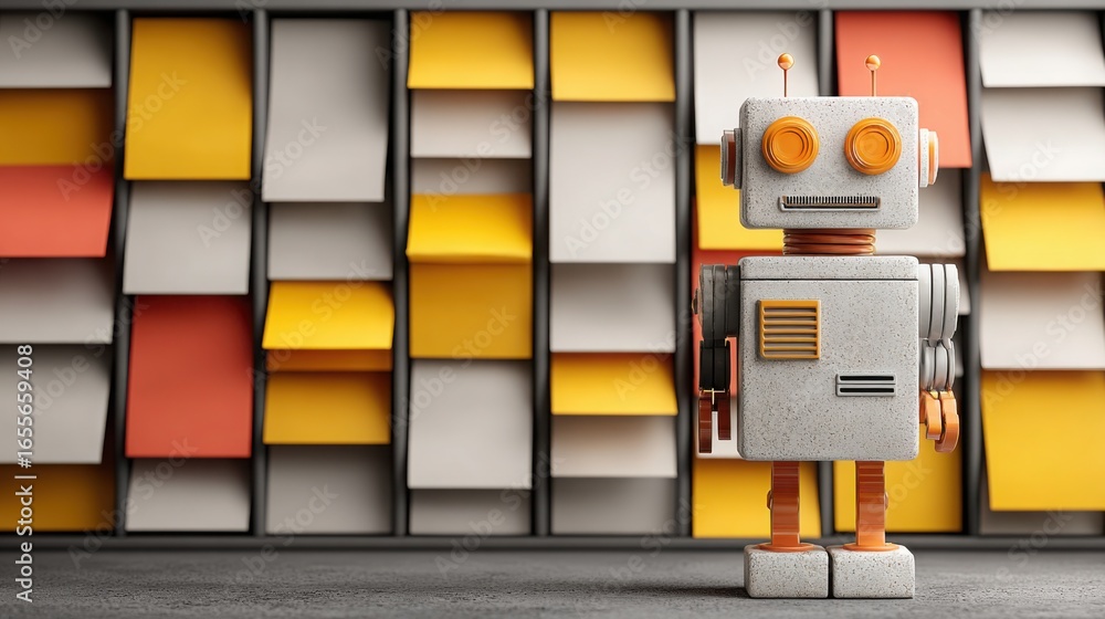 Poster abstract robot standing before a wall representing business process automation with an innovative or