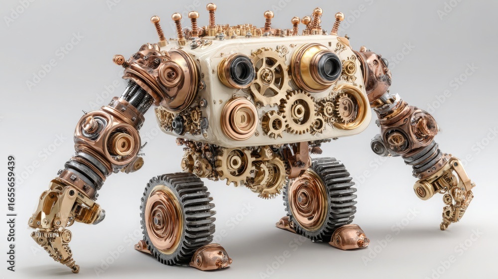 Poster robot constructed from gears symbolizing business process automation and abstract orchestration in a