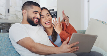 Tablet, smile and happy couple in living room for video call, announcement and engagement on home...