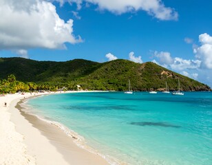 Fototapeta premium Tropical beach scene with clear turquoise water and hills