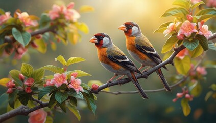 Obraz premium Two Beautiful Birds Perched on a Blossoming Branch During Sunrise
