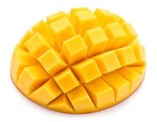Freshly Sliced Mango Cubes Tropical Fruit Delight, Isolated on White