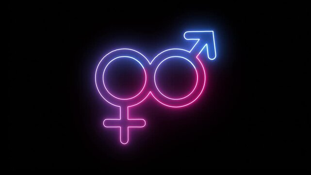 Glowing male and female icons. Neon female logo icon symbol on black background. Male, female sign of gender equality icon on black background