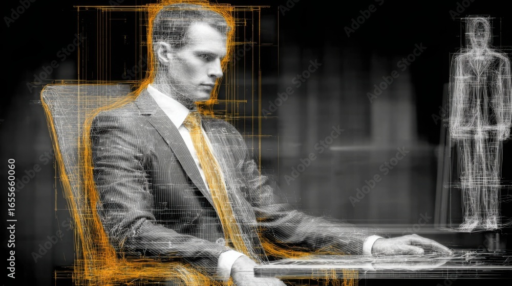 Poster man in suit using laptop representing professionalism in business sentiment scanner and technology a