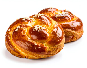 Fototapeta premium A pair of beautifully swirled golden sweet buns with a caramelized glaze and buttery texture, isolated on a pristine white background.
