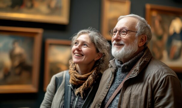 Elderly couple attending a museum exhibition, engaging in cultural outings and appreciating various artworks, immersing themselves in the beauty of art during their travels, Generative AI - Powered by Adobe