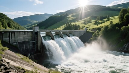 Hydroelectric Dam Releasing Water into a River Valley