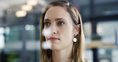 Office, thinking and business woman with vision, planning or insight for investment. Reflection,...