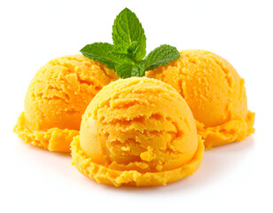 Refreshing vibrant mango sorbet scoops adorned with fresh mint leaves, perfectly isolated on a crisp white background for a delightful summer treat.