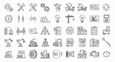 Vector icon set of robotics engineering | including robotic arm, humanoid robot, AI chip, servo motor, gears, control panel, assembly line robot, sensor module, remote controller