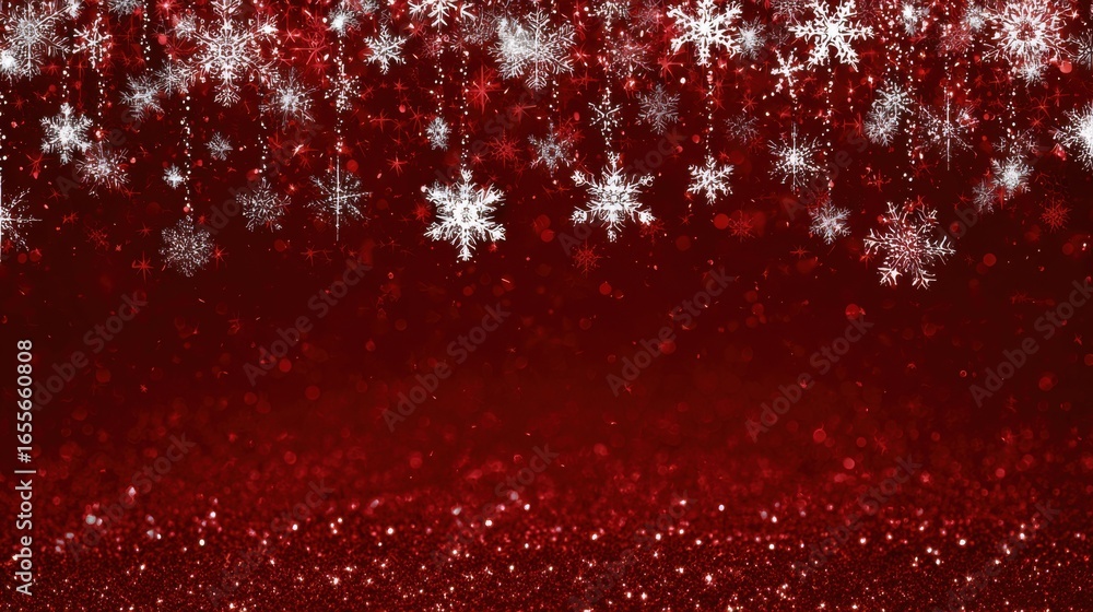 Poster a vibrant red backdrop is adorned with intricate white snowflakes floating gracefully, creating a ma