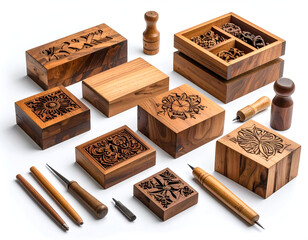 An artisan set of handcrafted wooden boxes with intricate relief carvings and woodworking tools for woodcut and block printing crafts, isolated on a white background.