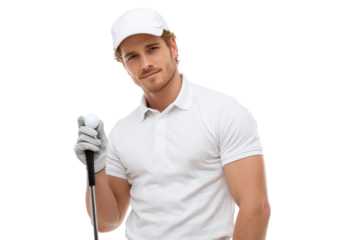 Male golfer in a white polo shirt and cap, holding a golf club and ball.