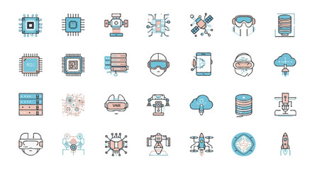Fototapeta premium Vector icon set of robotics engineering | including robotic arm, humanoid robot, AI chip, servo motor, gears, control panel, assembly line robot, sensor module, remote controller