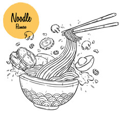 hand drawn delicious ramen illustration. tasty noodle ramen with kind of topping