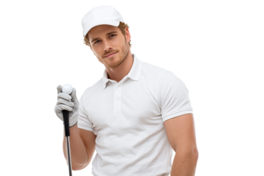 Male golfer in a white polo shirt and cap, holding a golf club and ball.