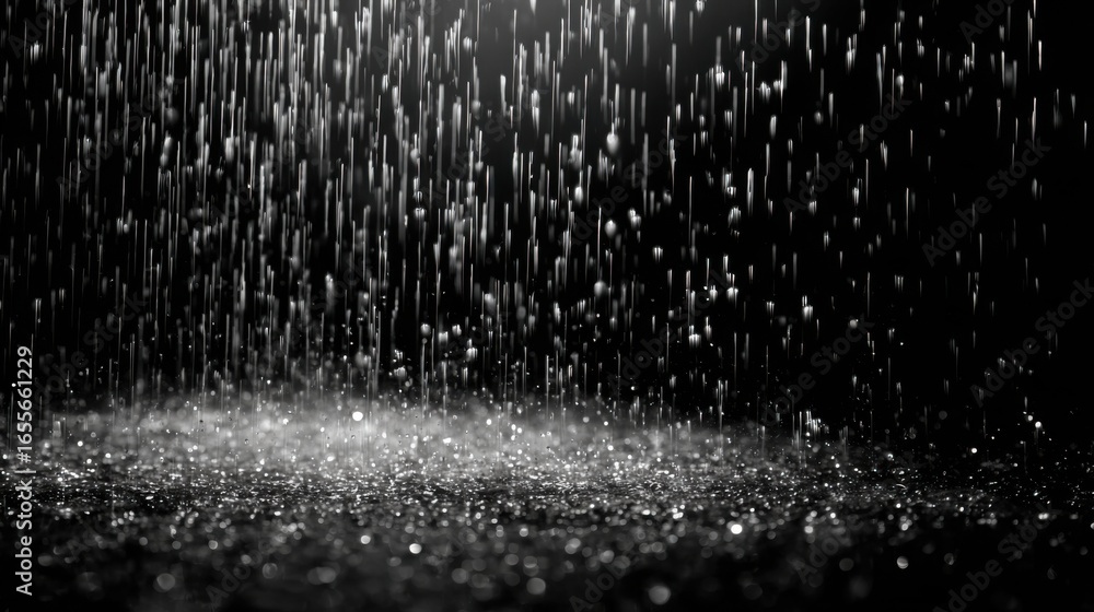 Poster raindrops cascade downward in a rhythmic pattern against a dark backdrop, creating sparkling effects