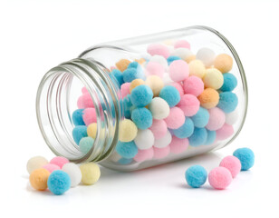 Vibrant and cheerful mini pom poms spilling out of a small glass jar. A colorful collection for arts and crafts isolated on a white background.