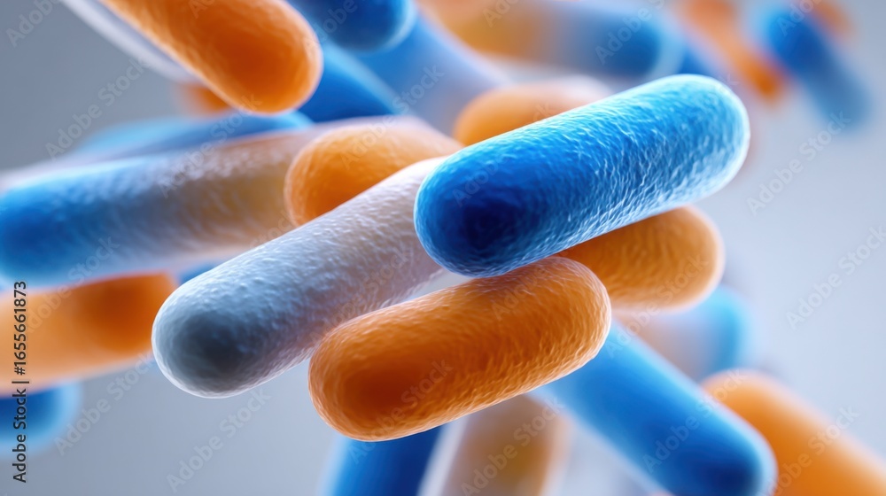 Poster bacteria of different shapes and colors are magnified, revealing their unique structures. this vibra