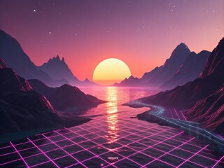 Retrofuturistic sunset over a neon grid landscape with mountains and water