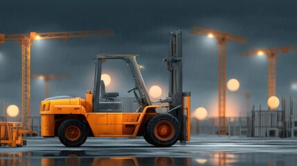 Orange forklift at construction site night