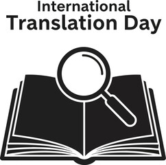 International Translation Day concept with open book and magnifying glass illustration