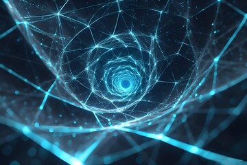 Abstract Digital Network Tunnel, Blue Glowing Wireframe Technology Background
