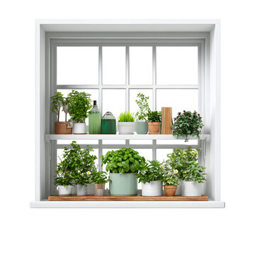 Indoor herb garden on window sill, isolated on white background