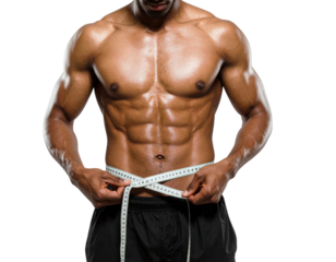 A muscular man measuring his waist with a tape measure, showcasing defined abs and a strong physique.