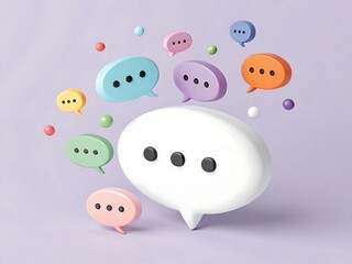 Colorful 3d speech bubbles and dots floating around a large white chat balloon