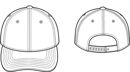 PrintBaseball cap front and back view, line drawing, adjustable strap, fashion sketch, headwear design, detailed illustration, vector art, accessory