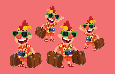 Happy tourist cartoon character with green sunglasses, red nose, floral shirt, orange shorts, camera, big suitcase, waving hand, summer vacation, travel fun, pink background