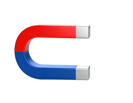 A red and blue horseshoe magnet showcasing its distinctive curved shape and metallic ends.