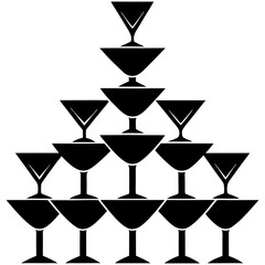 Pyramid of champagne glasses silhouette vector illustration 
