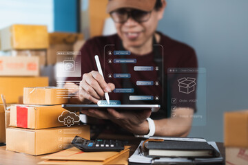 Online seller using AI chatbot on tablet for customer service and order confirmation with logistics and automation cloud icons