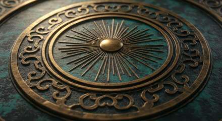 Obraz premium Intricate antique bronze sunburst motif with decorative scrollwork and aged patina