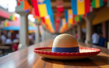 Traditional peruvian hat resting on a wooden table during independence day festivities, with colorful decorations and blurred background suggesting a vibrant celebration. High quality