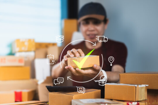 E-commerce seller confirming packed order with digital logistics icons for delivery status, checklist, and order dispatch process