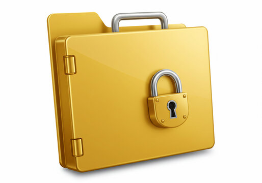 Gold briefcase folder icon, locked with a metal padlock. - Powered by Adobe