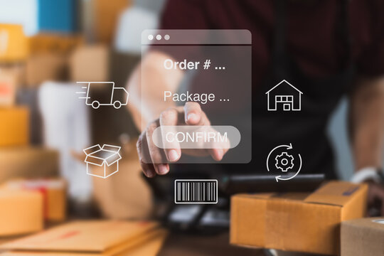 E-commerce store owner confirming order shipment via digital interface with logistics icons for warehouse automation and delivery tracking