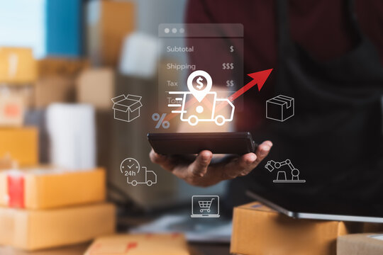 Online seller analyzing rising shipping costs on tablet with logistics icons for delivery pricing, tax, and automation in e-commerce operations