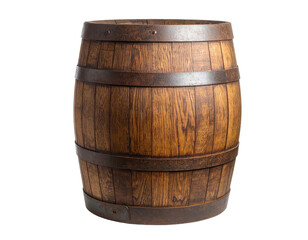 A rustic wooden barrel featuring strong metal bands, showcasing its aged texture and craftsmanship.
