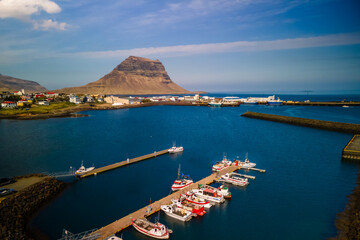 Scenic aerial view of Marina at Grundarfjordur village in Snaefellsnes peninsula in Iceland.