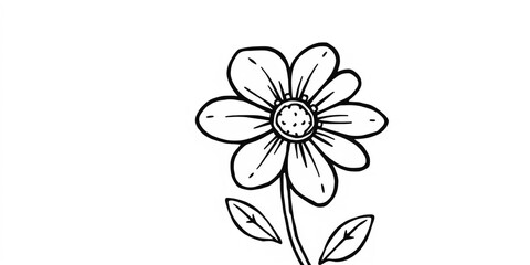 Whimsical black & white doodle flower, playful line art style, simple petals & leaves,  stylish,  playful