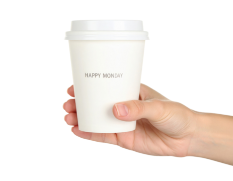 A hand holds a white coffee cup with the words "HAPPY MONDAY" printed on it.
